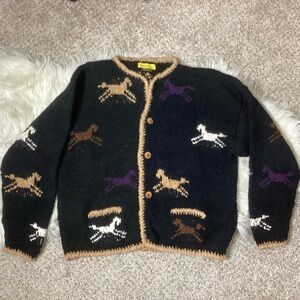 Vintage Rainforest Handmade Wool Cardigan Bolivian Horses Med